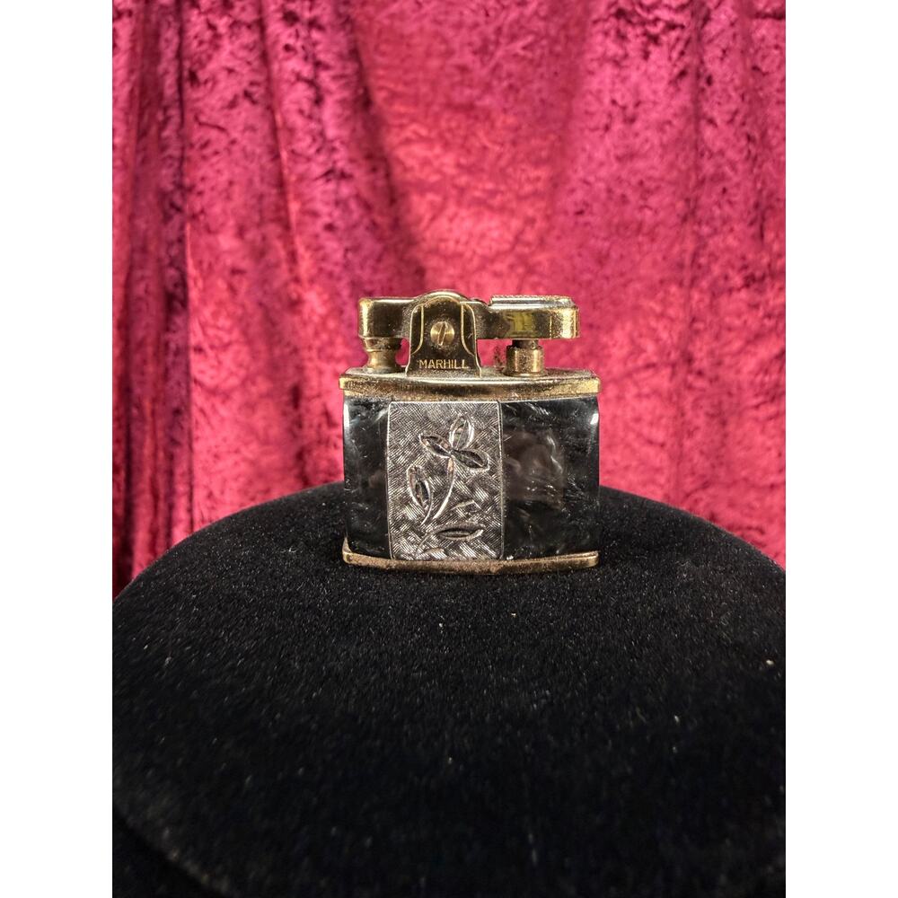Vintage Tobacciana Brass Pocket Lighter Floral Inlay Marhill Japan - UNTESTED